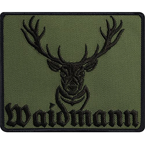 Jäger Aufnäher Hirsch Patch WAIDMANN Förster Abzeichen Forst Bügelbild Jagd Geschenk für Jäger/Förster Hirsch Applikation für Hut/Lederjacke/Weste/Jeans | 90x75mm