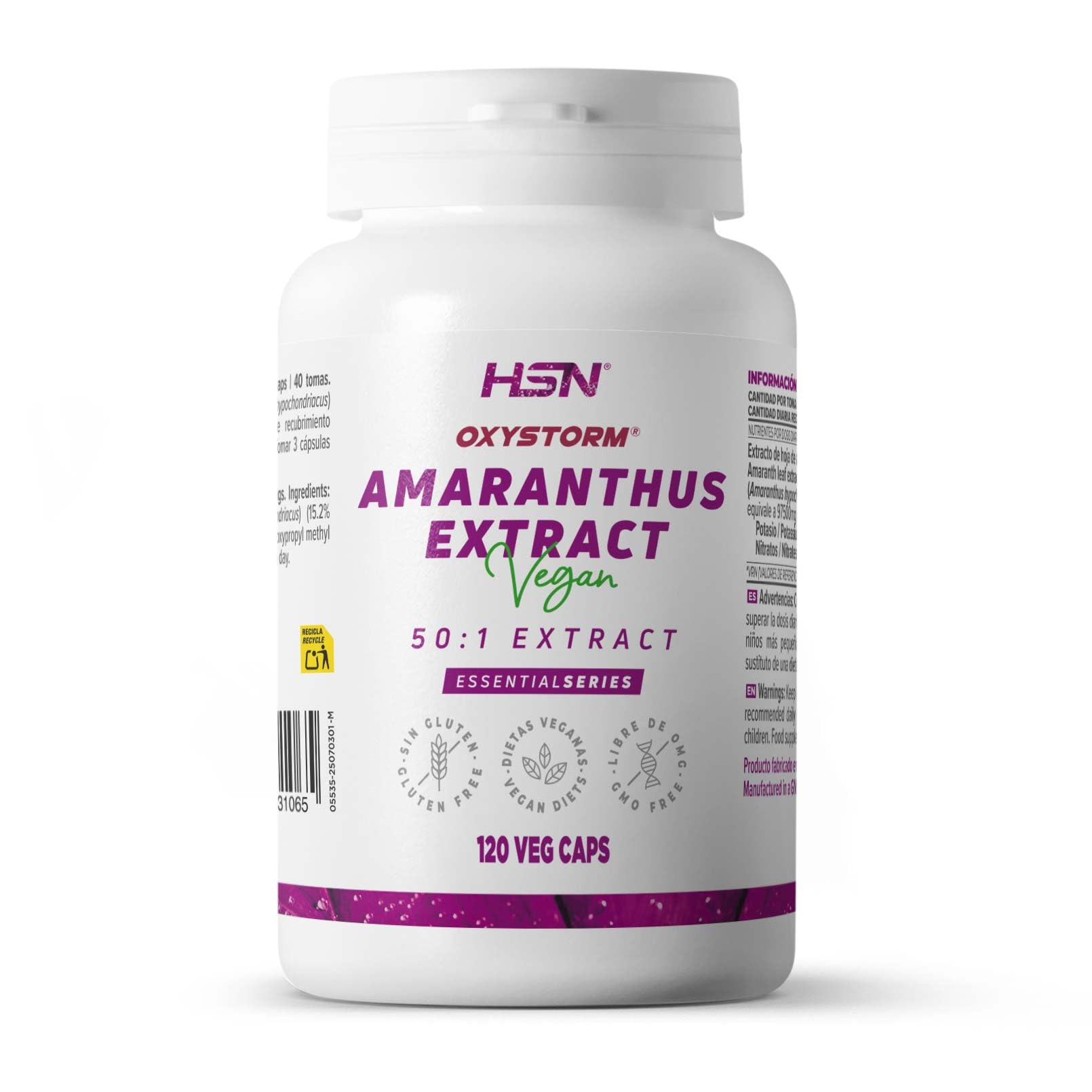 HSN Amaranto Oxystorm® 650mg | 120 Cápsulas Vegetales | 10,5% Nitratos Naturales + 15,2% Potasio – Extracto 50:1 Equivalente a 32,5g Hoja Amaranthus hypochondriacus | Sin Gluten y Apto Vegano
