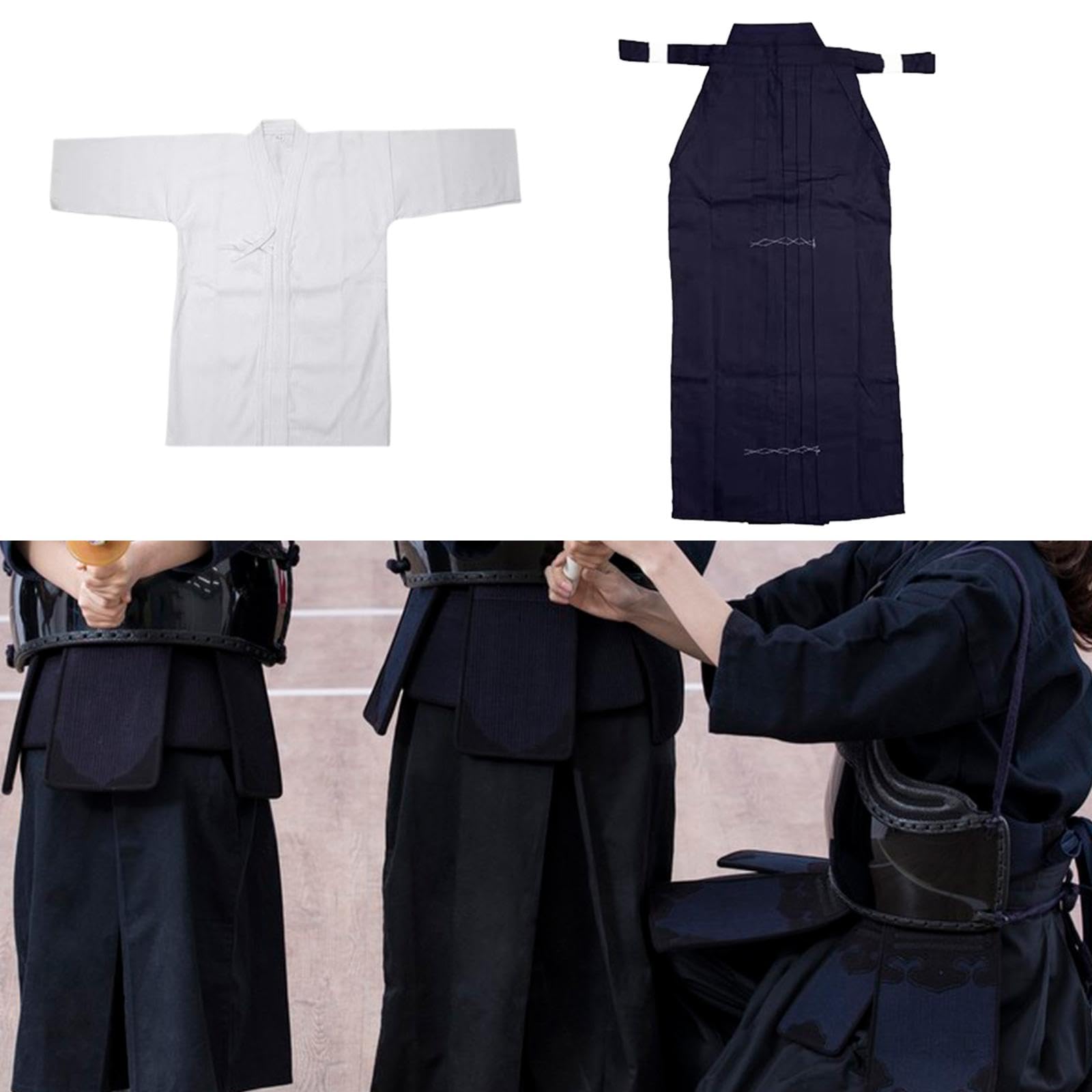 Kendo Hakama Set Completo Abbigliamento Arti Marziali Abito Samurai Aikido Kimono Tradizionale Poliestere per Allenamento- Bianco e blu