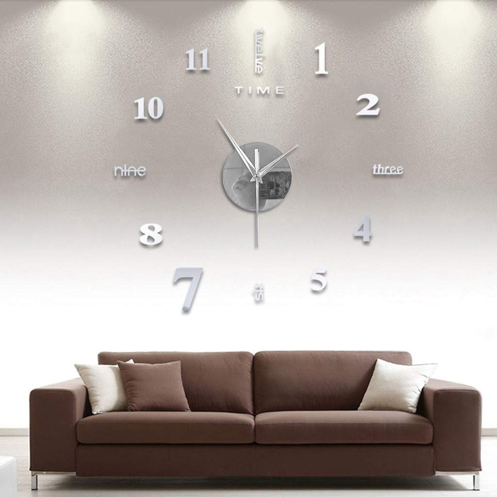 DIY 3D Acrylic Digital Clock - Frameless, Large Modern Stick-on Wall Clock for Living Room, Kitchen, Bedroom or Office - Silver