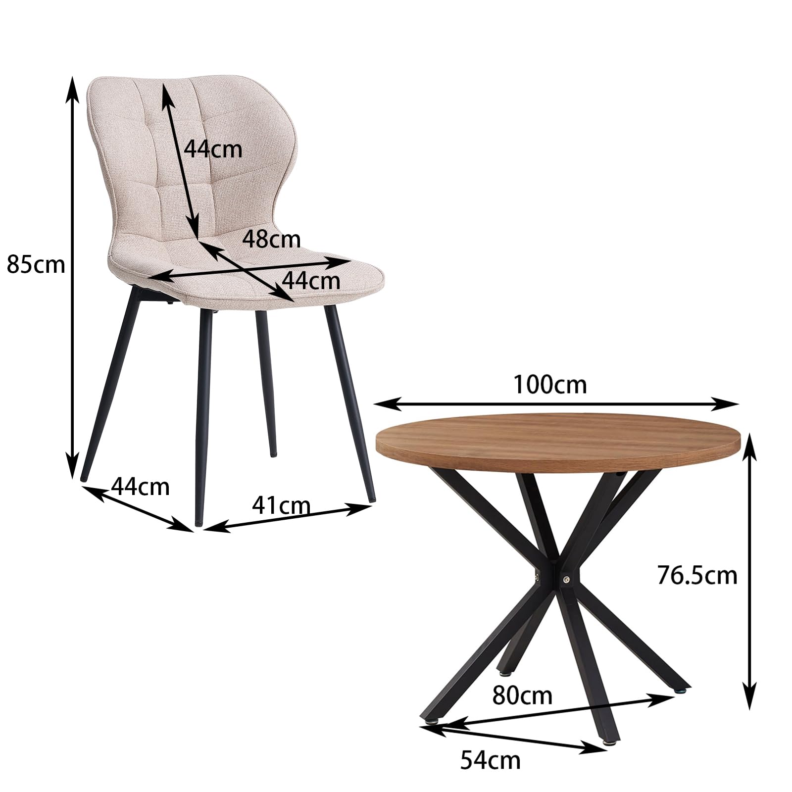 Set Tavolo e Sedie da Pranzo Nordico, Tavolo da Pranzo Rotondo da 100 cm con Venature del Legno Chiaro + Set di 4 Sedie da Pranzo in Lino Kaki con Gambe in Metallo