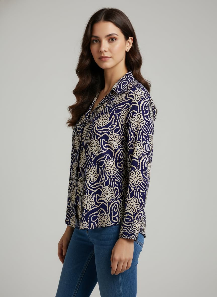 ANNI Designer Bedrucktes Damenhemd aus Baumwollmischgewebe, langärmelig, normale Passform, Hemdkragen, legere Bürokleidung, elegante Western-Kleidung für den Alltag, Hochzeit, Party