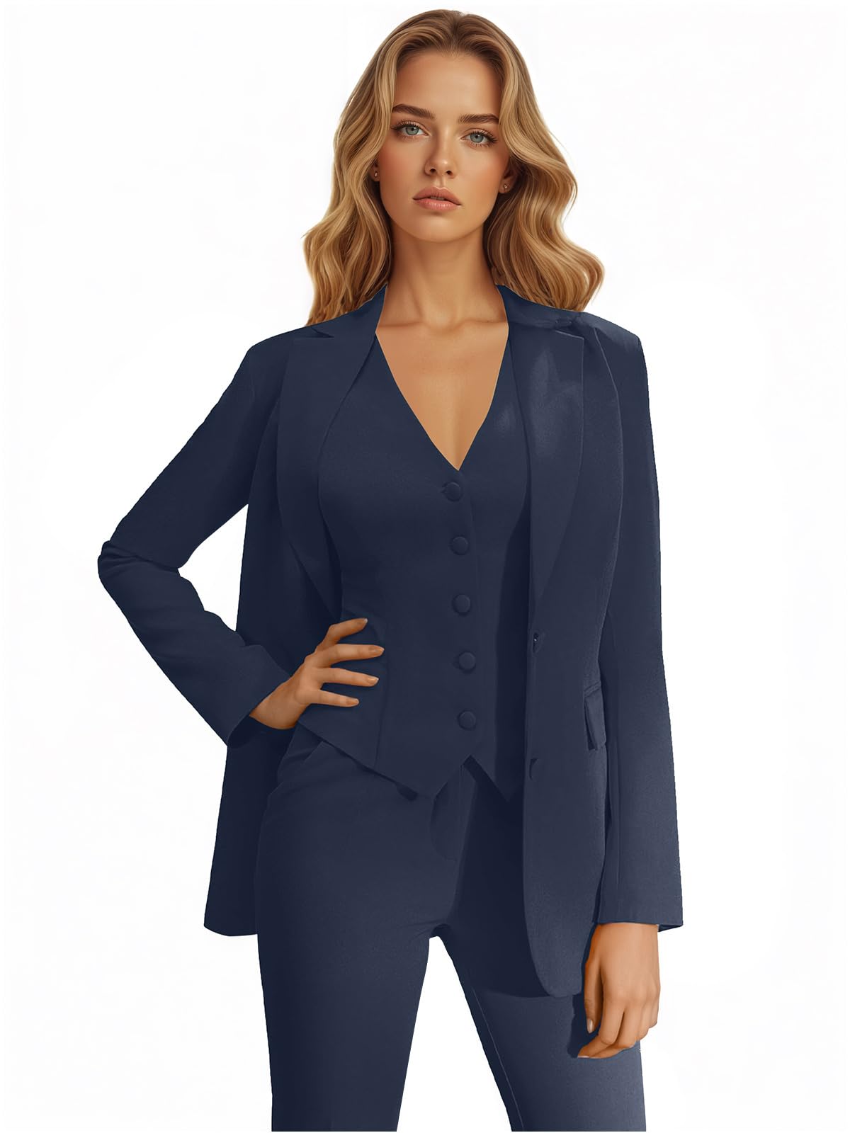 Womens Suit for Work 3 Piece Formal Slim Fit Suits for Women Office Two Button Blazer Vest Pant