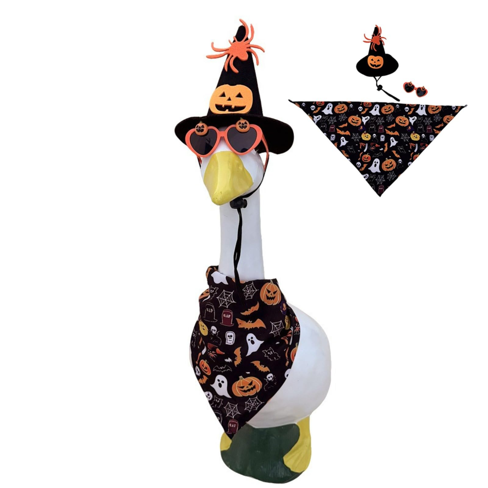 JHUAJISFC Halloween Wizard Porch Goose Outfit for 23" 17" Lawn Goose Statue Decor, Witch Hat Set with Glasses & Bandana - Outdoor Garden Decor