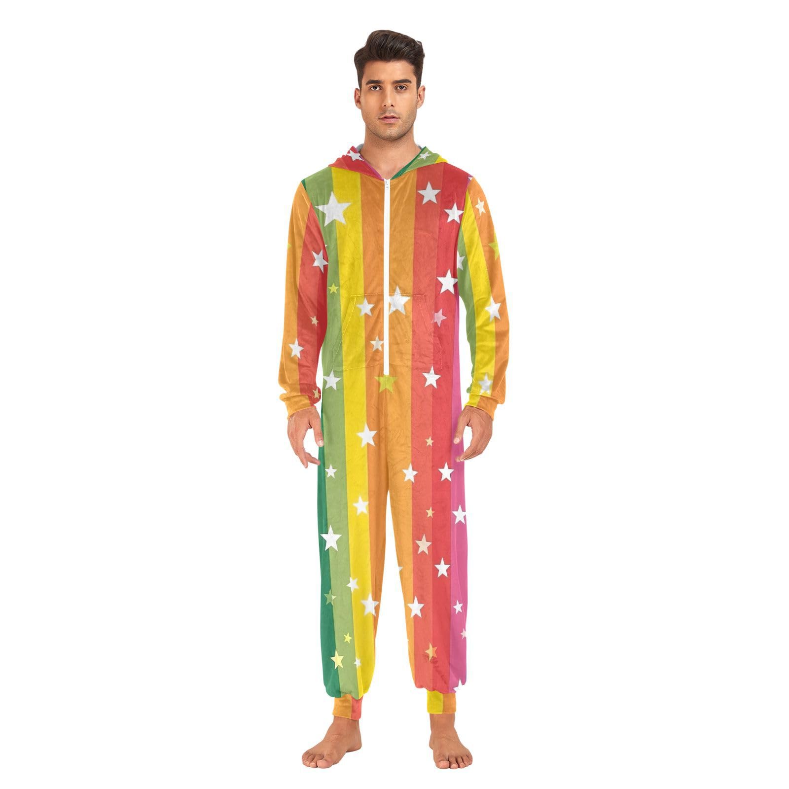 GAIREG Pigiama intero con cappuccio unisex per adulti a righe arcobaleno e stelle, pigiama natalizio per adulti con cappuccio