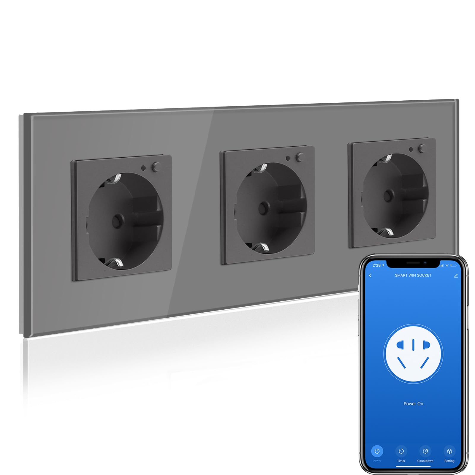 BSEED BSEED Enchufe Triple de Pared WiFi,Schuko Enchufe inteligente Compatible con Alexa y Google Home,Control de APP y Función de Temporizador,protección de contacto,16A Gris