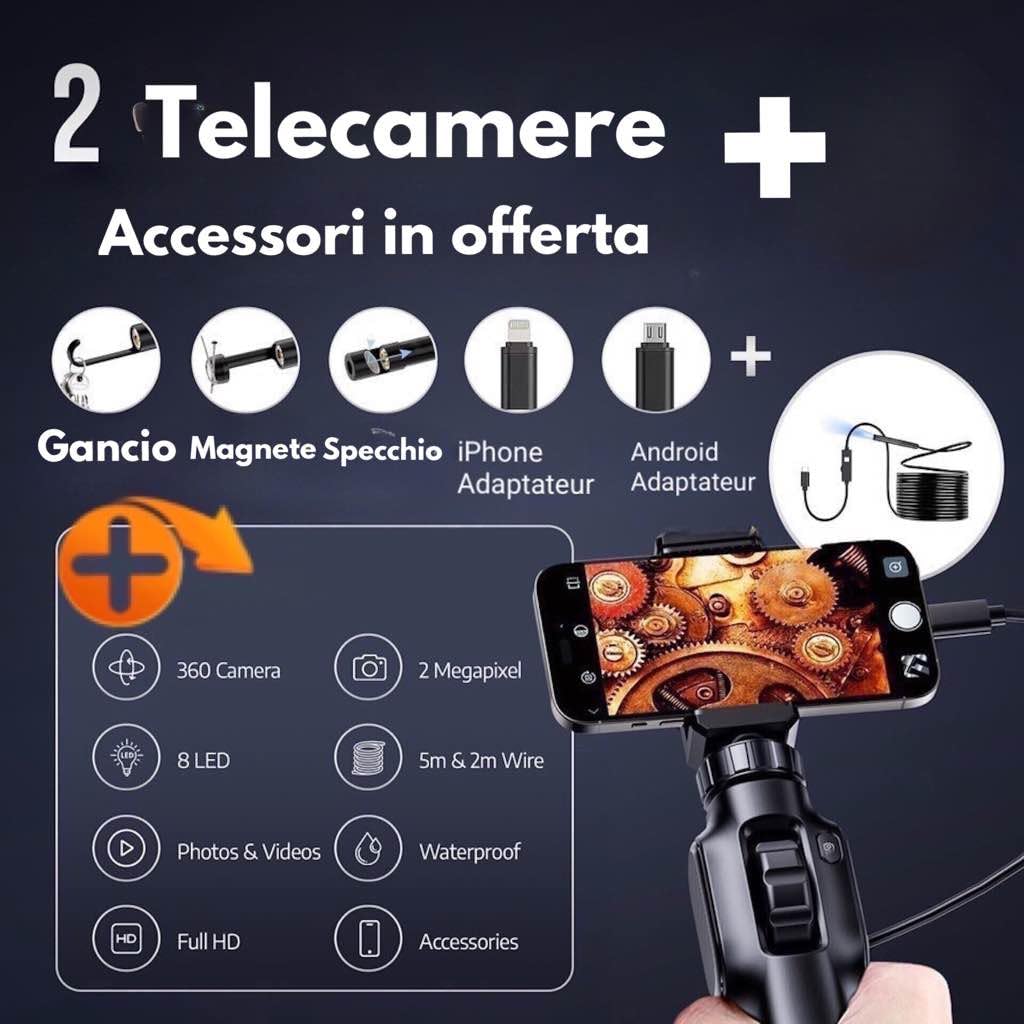 2 telecamere endoscopiche industriali 1920P con 8 LED, un endoscopio girevole da 2 m + una telecamera cablata da 5 m, per fognature meccaniche, compatibile con Android/iPhone