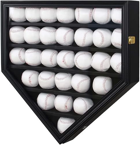 ARRAWIS Vitrina de béisbol de madera maciza 30 soportes de béisbol para montaje en pared caja de sombra de béisbol con cerradura anti decoloración