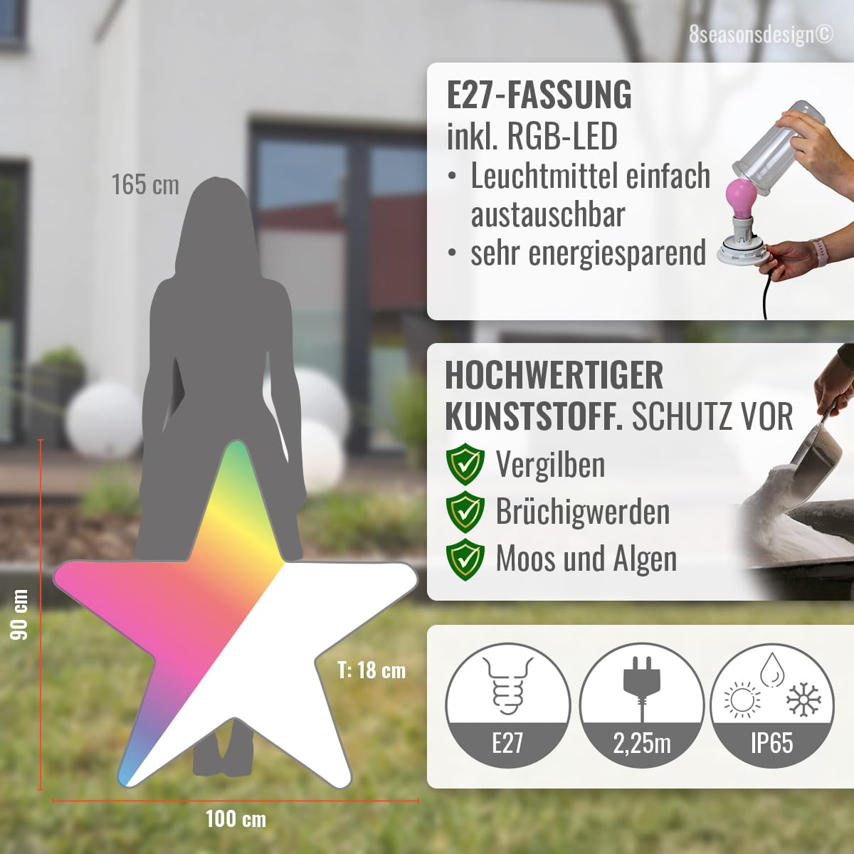 8 seasons design XXL LED Weihnachtsstern 100cm Shining Star (Weiß), E27, RGB Farbwechsel, dimmbar, Fernbedienung – Großer Stern für außen (Garten, Terrasse) und innen – winterfest – Weihnachtsdeko