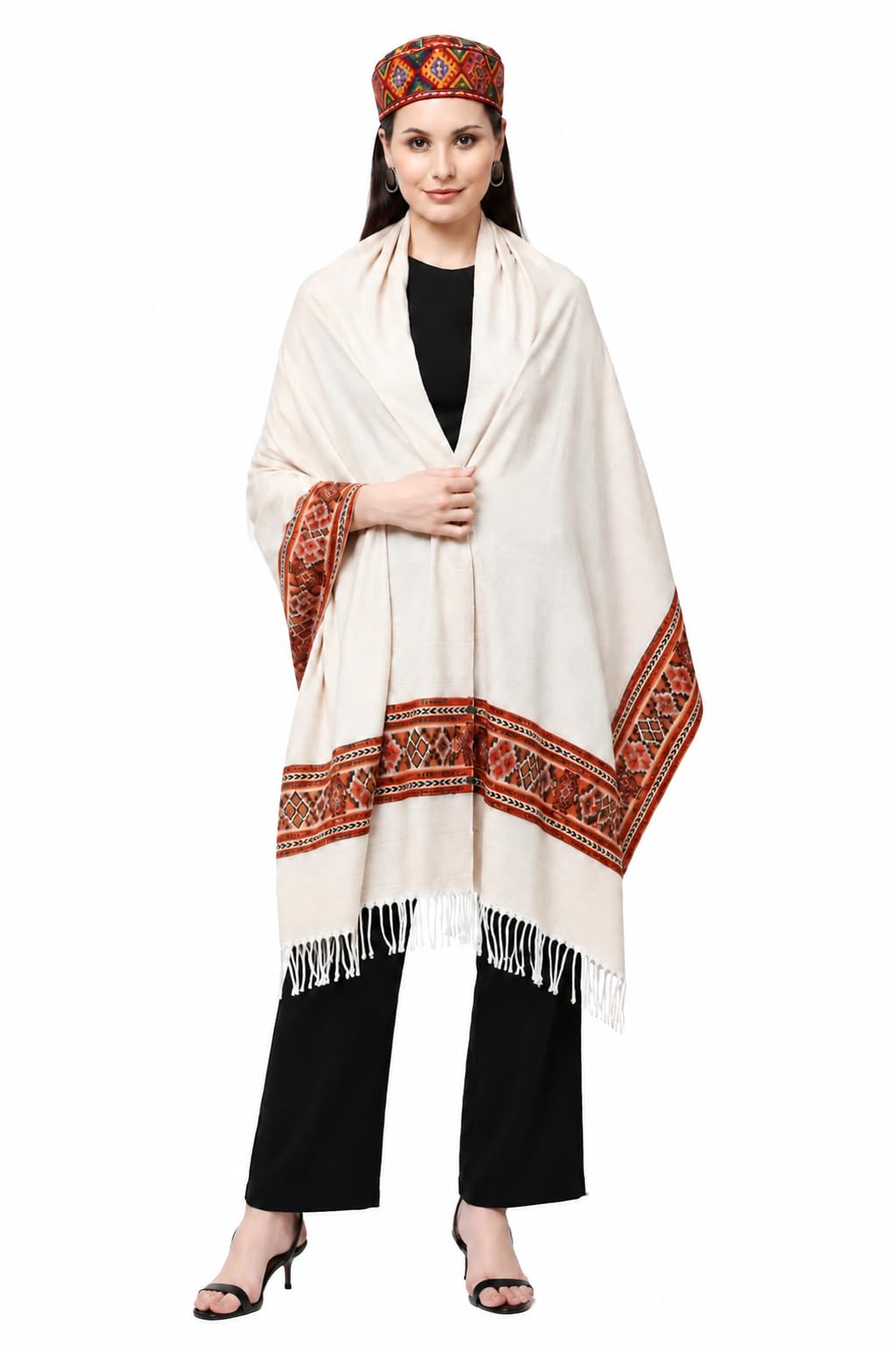 Shawal Women's Ivory Woollen Shawl with Ethnic Border, Fringe Hem, Full Size 206 x 89 cm-image-38