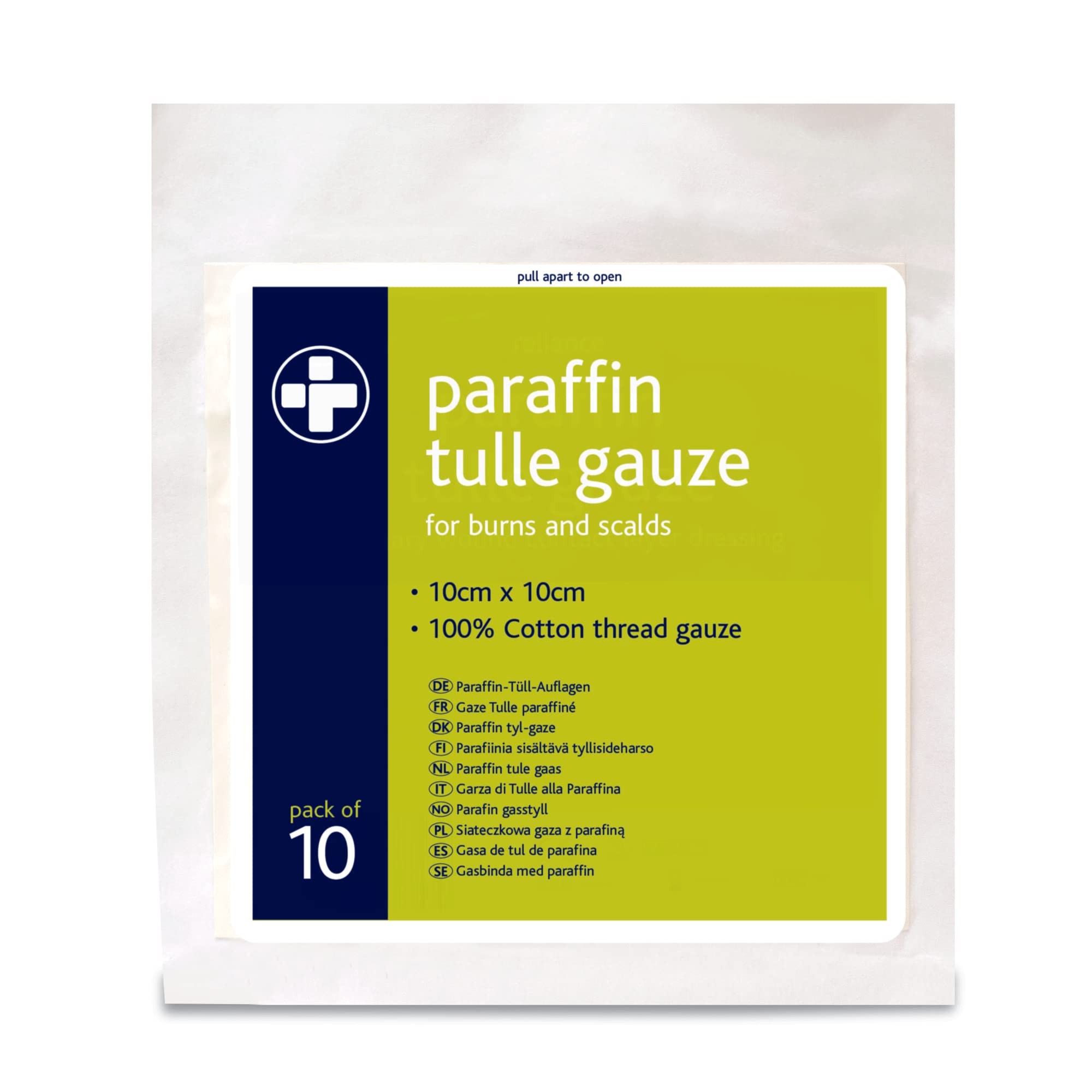 Reliance medical Paraffin Tulle Gauze For Minor Burns, Scalds, Cuts and Abrasions - 100% Cotton Thread Gauze - 10cm x 10cm (Pack of 10)