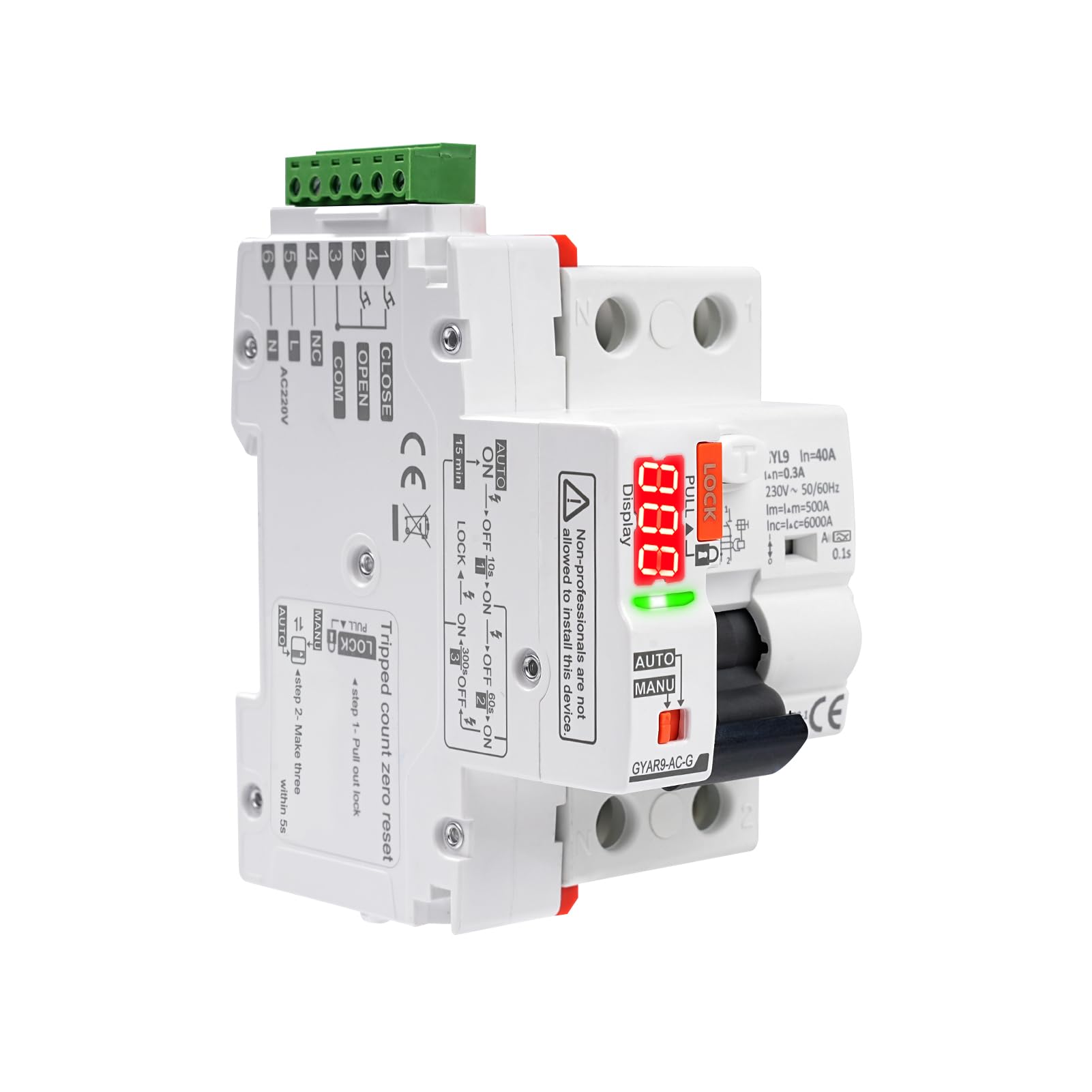BuyWeek 2P Diferencial Auto Rearmable con Pantalla Digital LED AC230V 40A 300mA Diferencial Superinmunizado Rearme Automatico RCCB Disyuntor Rearme Automático carril Din tipoA GYAR9-AC-G