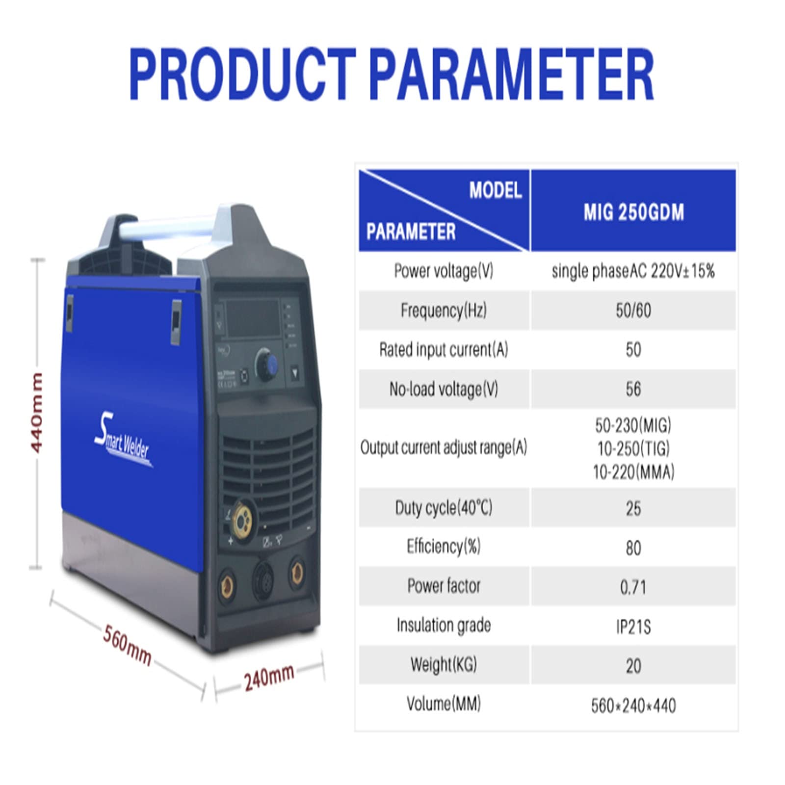 Máquina de soldar, Soldador inteligente MIG250GDM Monofásico 23 0V MIG Máquina de soldadura portátil IGBT MIG TIG MMA Máquina soldadora eléctrica