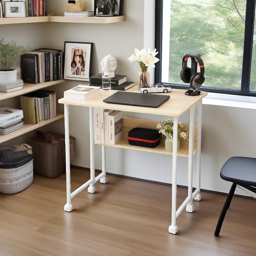 Scrivania Pieghevole Piccola con Ruote, Larghezza 80 cm Piccolo Tavolo Pieghevole Salvaspazio con Portaoggetti, Scrivania a Scomparsa per Casa e Ufficio, Design Industriale (Color Acero)