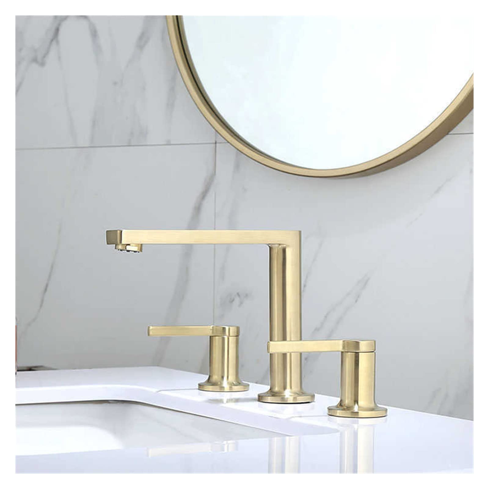 Grifo de lavabo oro cepillado de 3 orificios con doble manija elegante