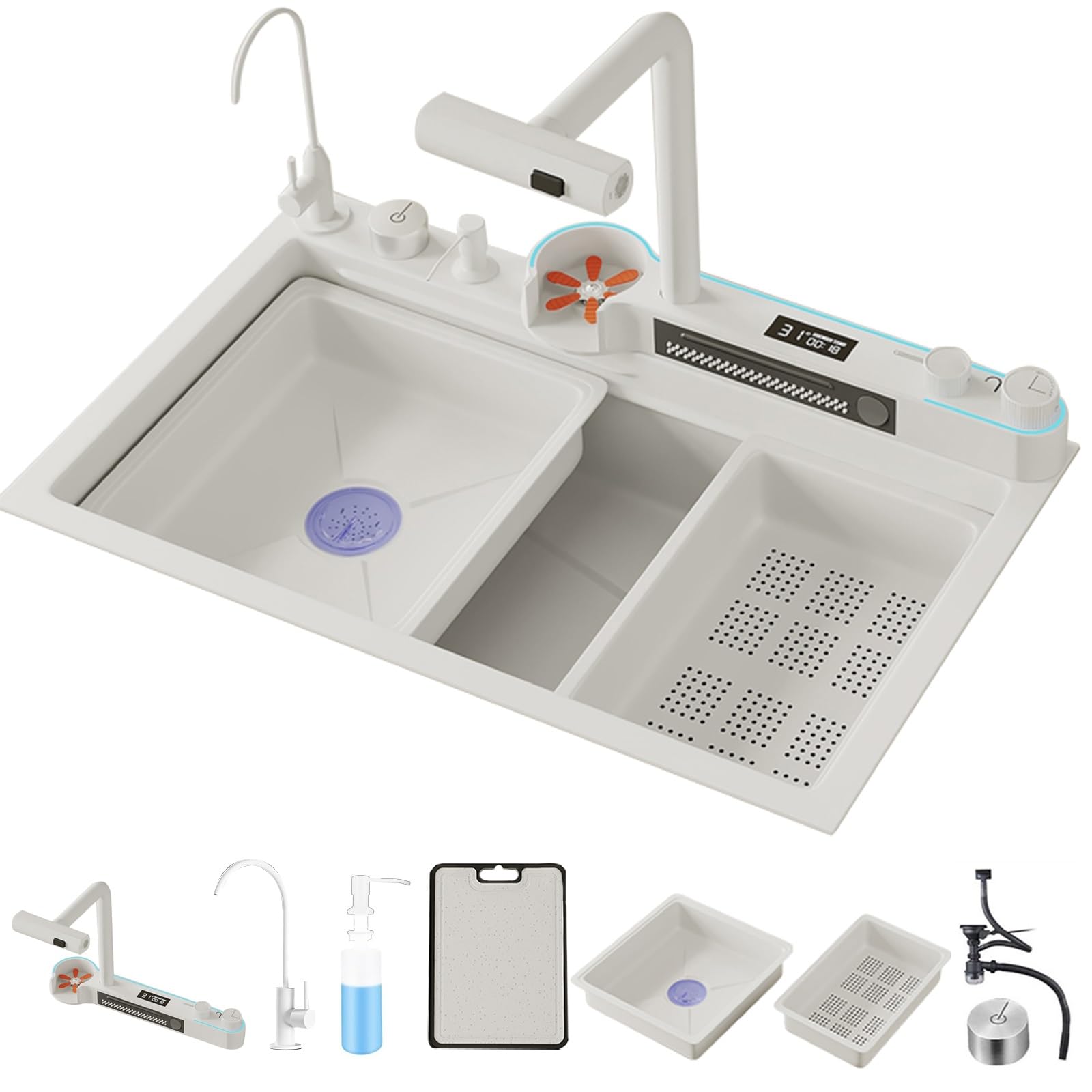 YADZISW Multifunctional Black Stainless Steel Kitchen Sink with Waterfall Faucet Digital Display & Accessories - Dual Mode Stylish 68x45x22CM Design for Modern Kitchens