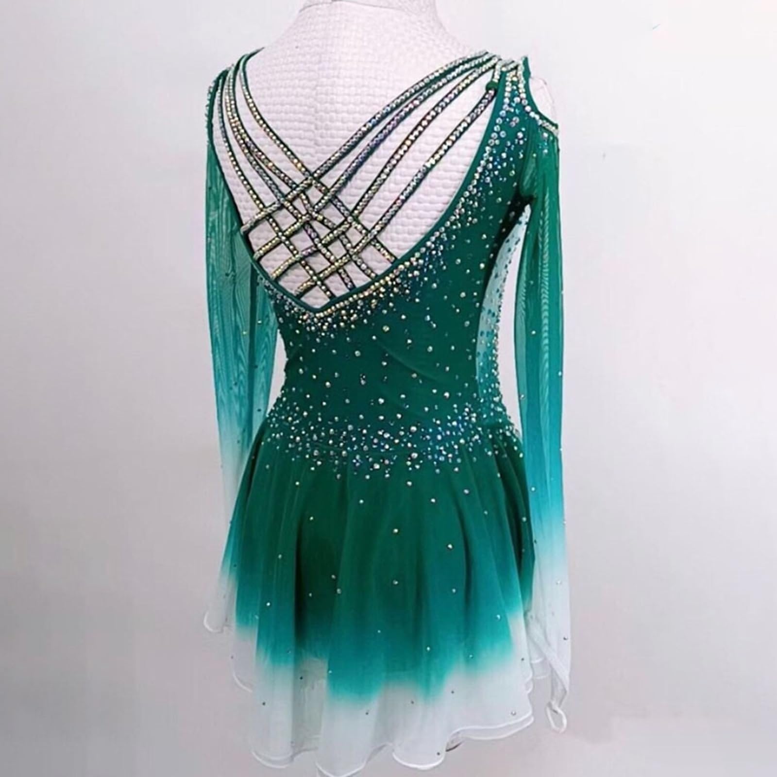 Vestito da pattinaggio di figura for ragazze, vestito da ballo da competizione a squadre con gradiente di ghiaccio, aperto sulla schiena, con strass lucenti