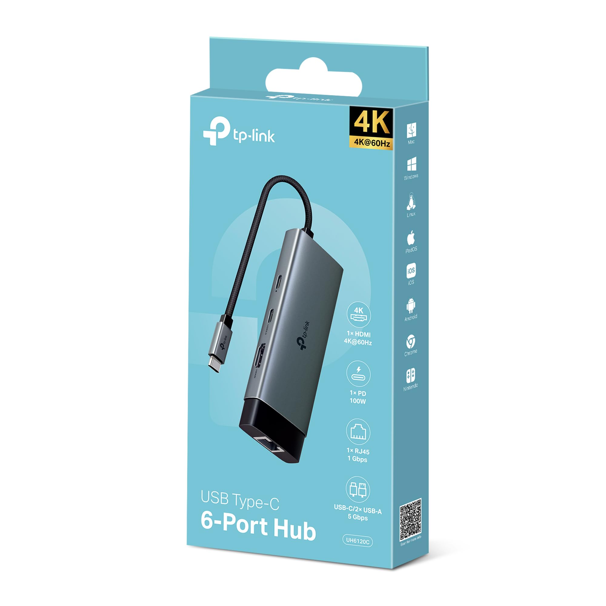 TP-Link UH6120C Hub USB C 6 in 1, 1 HDMI 4K@60Hz, 1 Gigabit Ethernet, 1 PD Rapida a 100 W, 3 Porte di USB 3.0 (1 USB-C, 2 USB-A), SuperSpeed a 5 Gbps, Adattatore per Windows, Mac OS X, iOS, Android