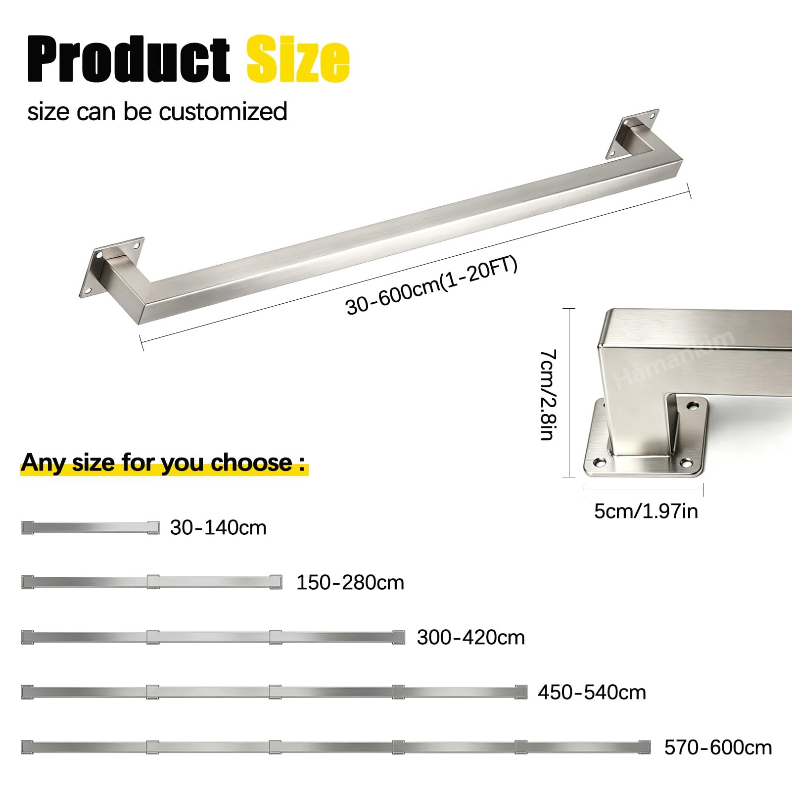 Varilla de soporte tubo cuadrado plateado barandilla de acero inoxidable | Pasamanos de Pared de Alta Resistencia, barandillas de Escalera Modernas Resistentes para sótano de Porche Loft(2.8m)