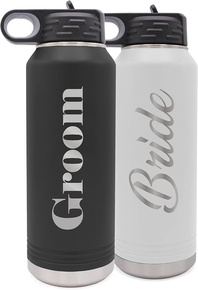 My Personal Memories Bride and Groom Insulated Travel Tumbler Set of 2 - Engraved To Go Cup Gift for Wedding, Rehearsal Dinner Party, Honeymoon, Reception (32 oz Water Bottle Tumbler Set)