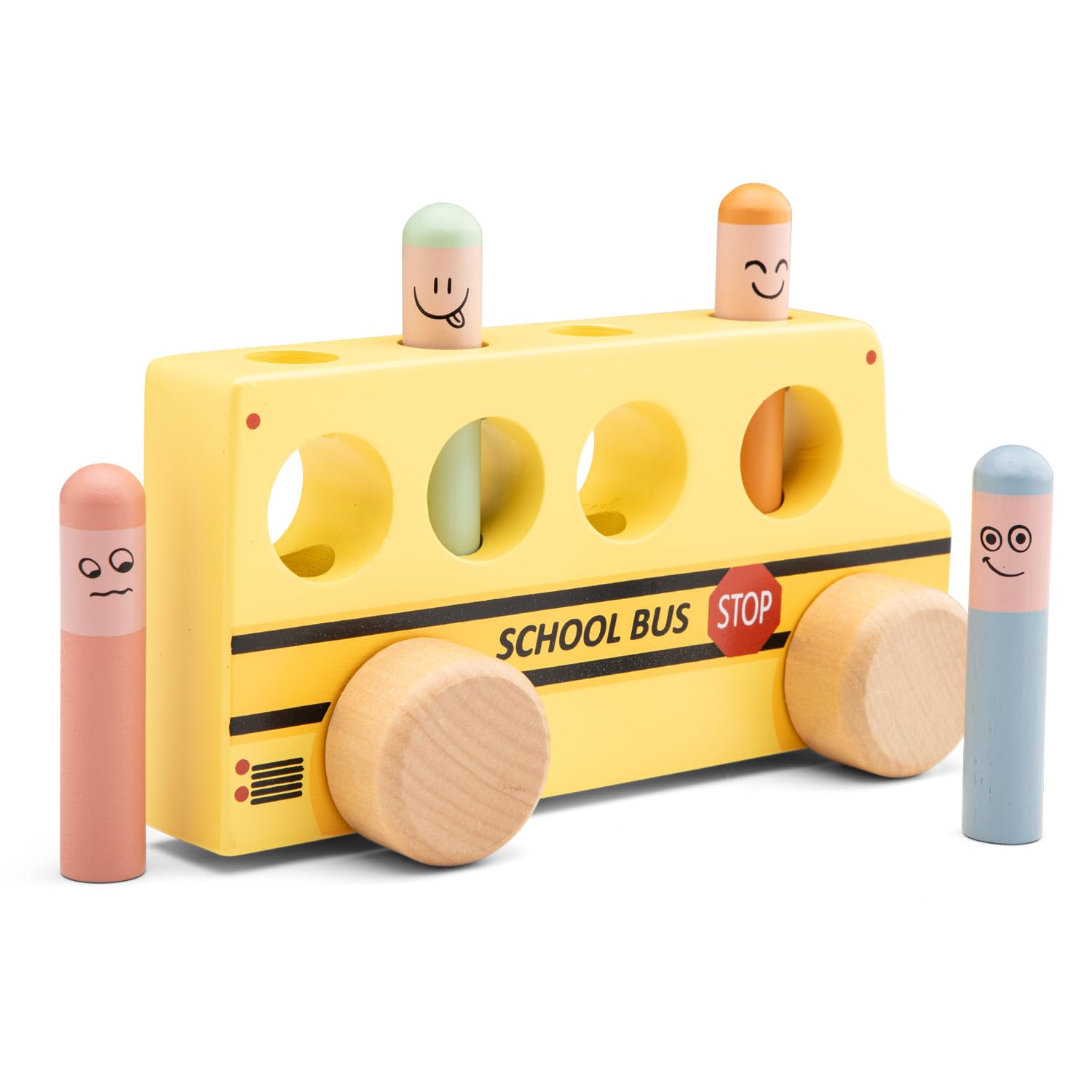 Woet Wooden Pop-Up School Bus, FSC Pretend Play Toy with Spring Figures for Toddlers 24 Months+, Educational Push Vehicle - Image 4
