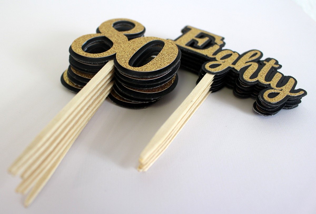 All About Details Black & Gold Eighty Cupcake Toppers, Set of 12, Average 2" Width & 4" Tall