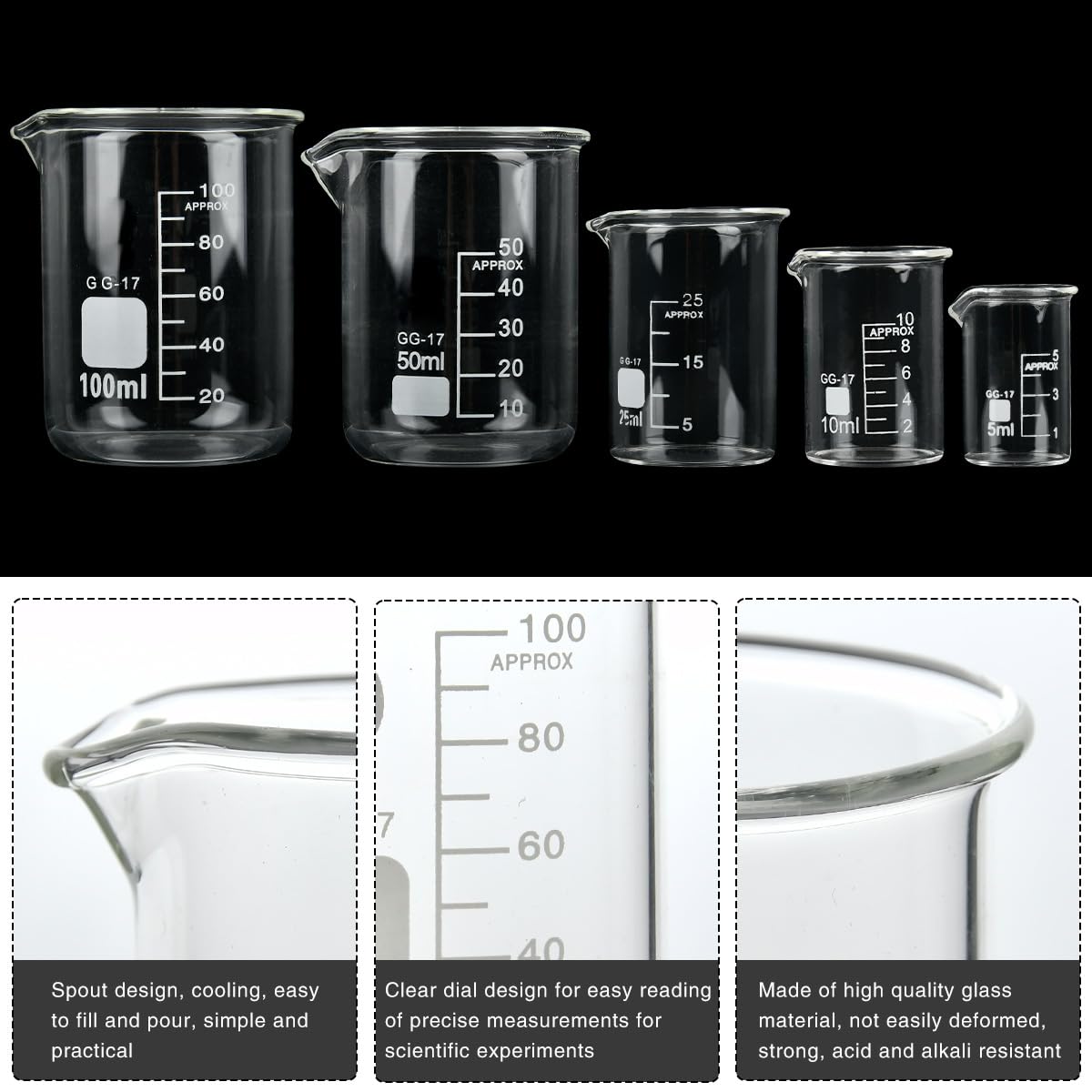 BUYGOO 5PZ Bicchiere Graduato 5ml 10ml 25ml 50ml 100ml Bicchieri con Beccuccio Set di Misurini in Vetro Bicchieri da Laboratorio Vetro da Laboratorio Bicchieri da Laboratorio per Esperimenti, Cottura