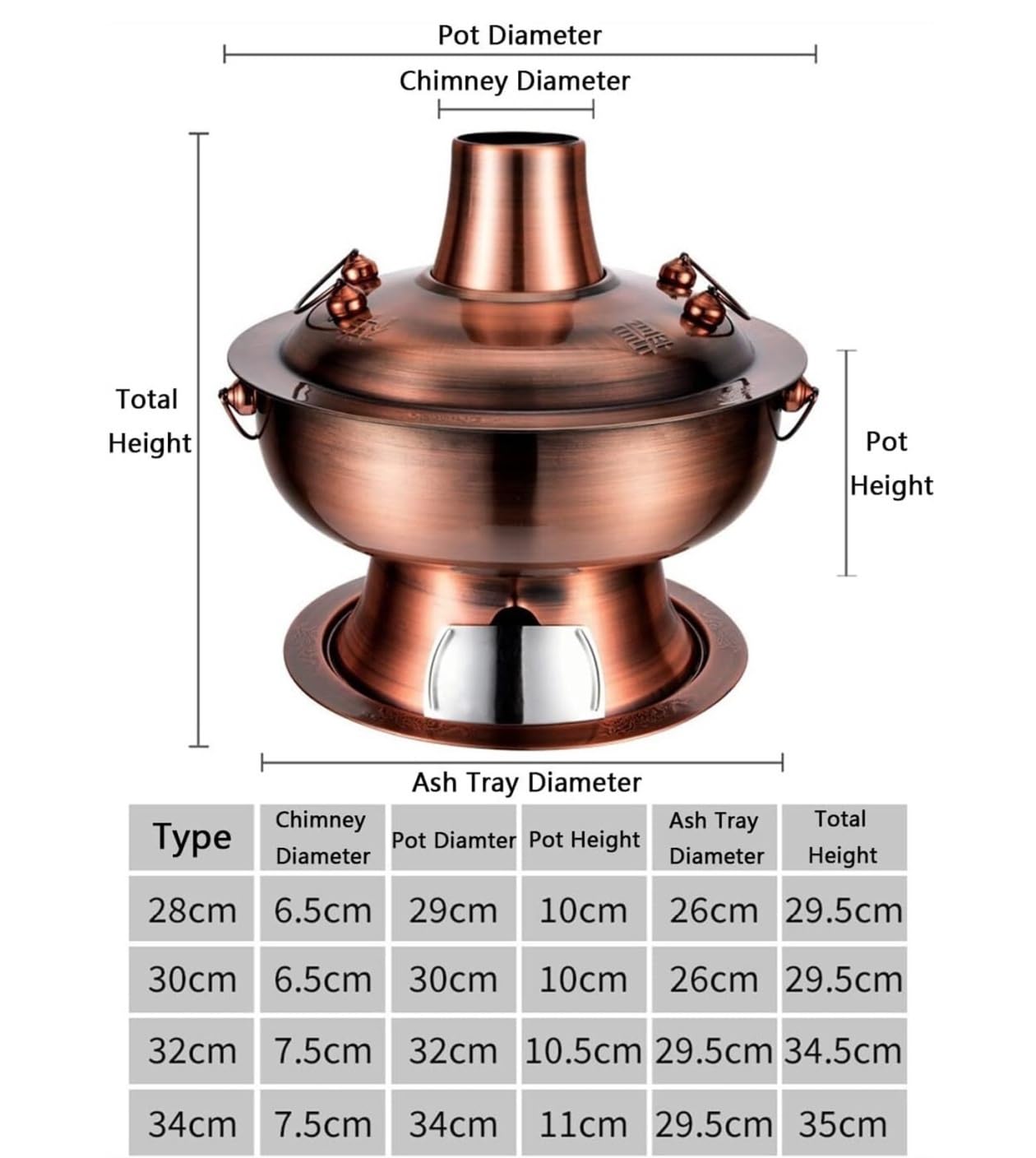 INUUXLG Chinese Hotpot Traditional Stainless Steel Hot Pot Vintage Shabu Pot Hotpot Cooker Soup Pot Copper Hot Pot(30CM) (A 32CM)