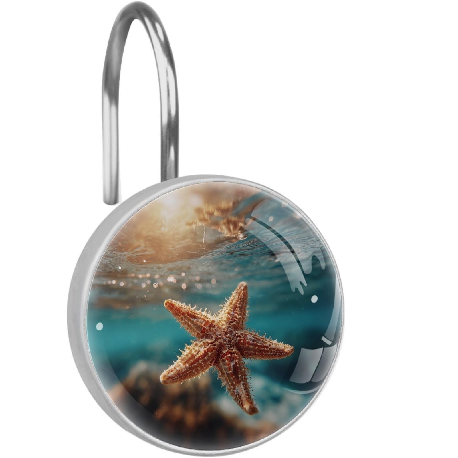 VAPOKF Decorative Shower Curtain Hooks, Underwater Starfish Rustproof Stainless Steel Shower Curtain Rings for Bathroom, Shower Curtain Hangers for Shower Rod, 12 Pack
