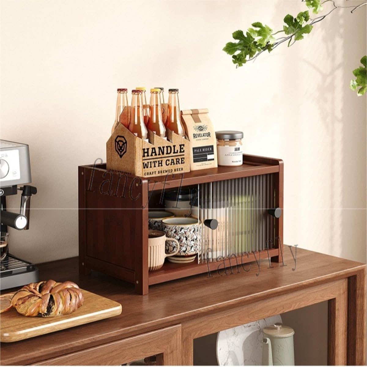fancyfly木製デスクトップ収納キャビネット（ナチュラル・レトロ風） | カップ/ティーセット/コーヒーカップ収納 防塵機能 ア