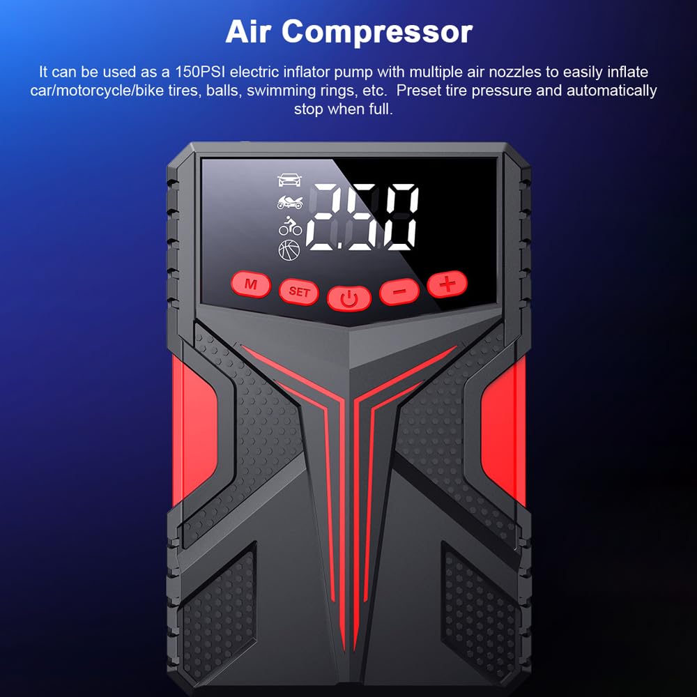 Booster de batería multifunción con compresor de aire, batería de pico de 2000 A (hasta 6,5 l motores de gasolina o diesel de 4,0 l) con función de inflador de neumáticos digital LED 150 PSI