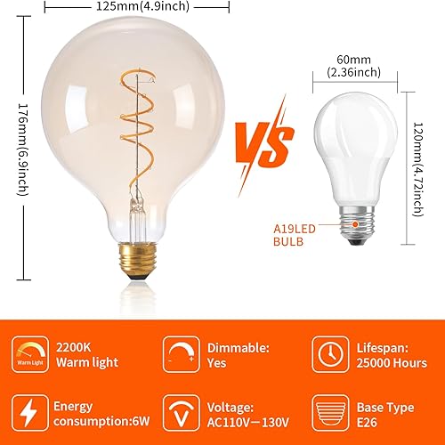 Miniatura 3 de OMED Bombilla Edison LED vintage G125G40 E26, globo de gran tamaño, regulable, de vidrio ámbar, 2200 K, blanco cálido, bombilla redonda antigua