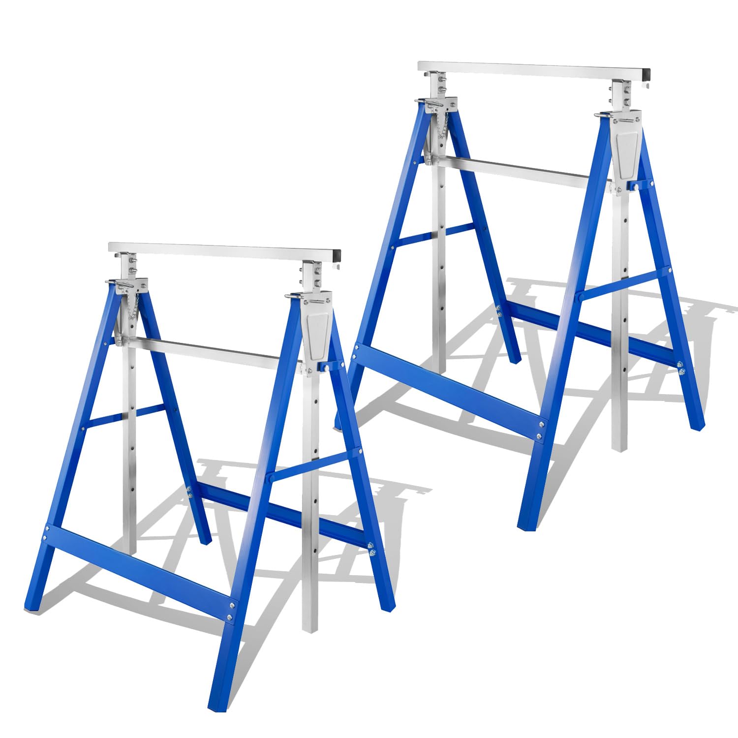 Lot de 2 tréteaux d'échafaudage, tréteau de travail stable - Charge maximale : 200 kg - 7 positions réglables en hauteur de 80 à 130 cm - En métal - Bleu argenté