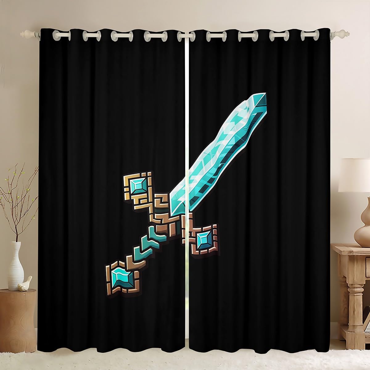 Castle Fairy Blue Sword Window Curtain,Pixelated Check Sword Bedroom Decor Curtains,Sandbox Block Gaming Window Treatment Kids Boys Modern Black Games