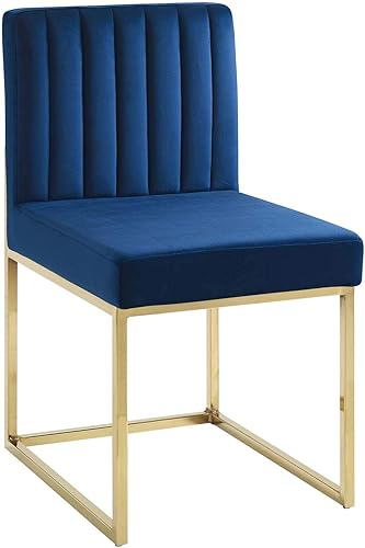 Modway EEI-3806-GLD-NAV Carriage Channel - Silla de comedor de terciopelo de alto rendimiento, con base de trineo copetudo, color azul marino dorado