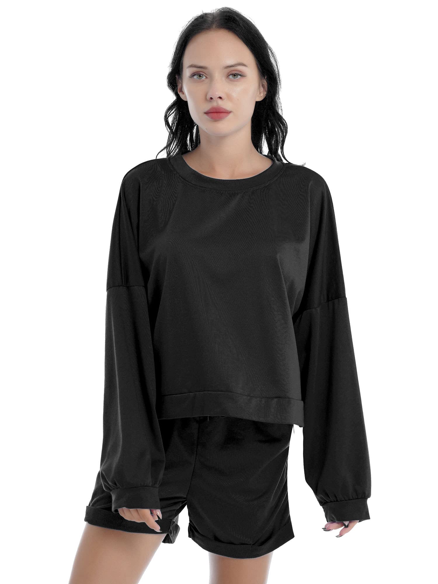 Women Long Sleeve Sweatshirt and Shorts Pants Athletic Tracksuit Set Running Fitness Workout Outfits