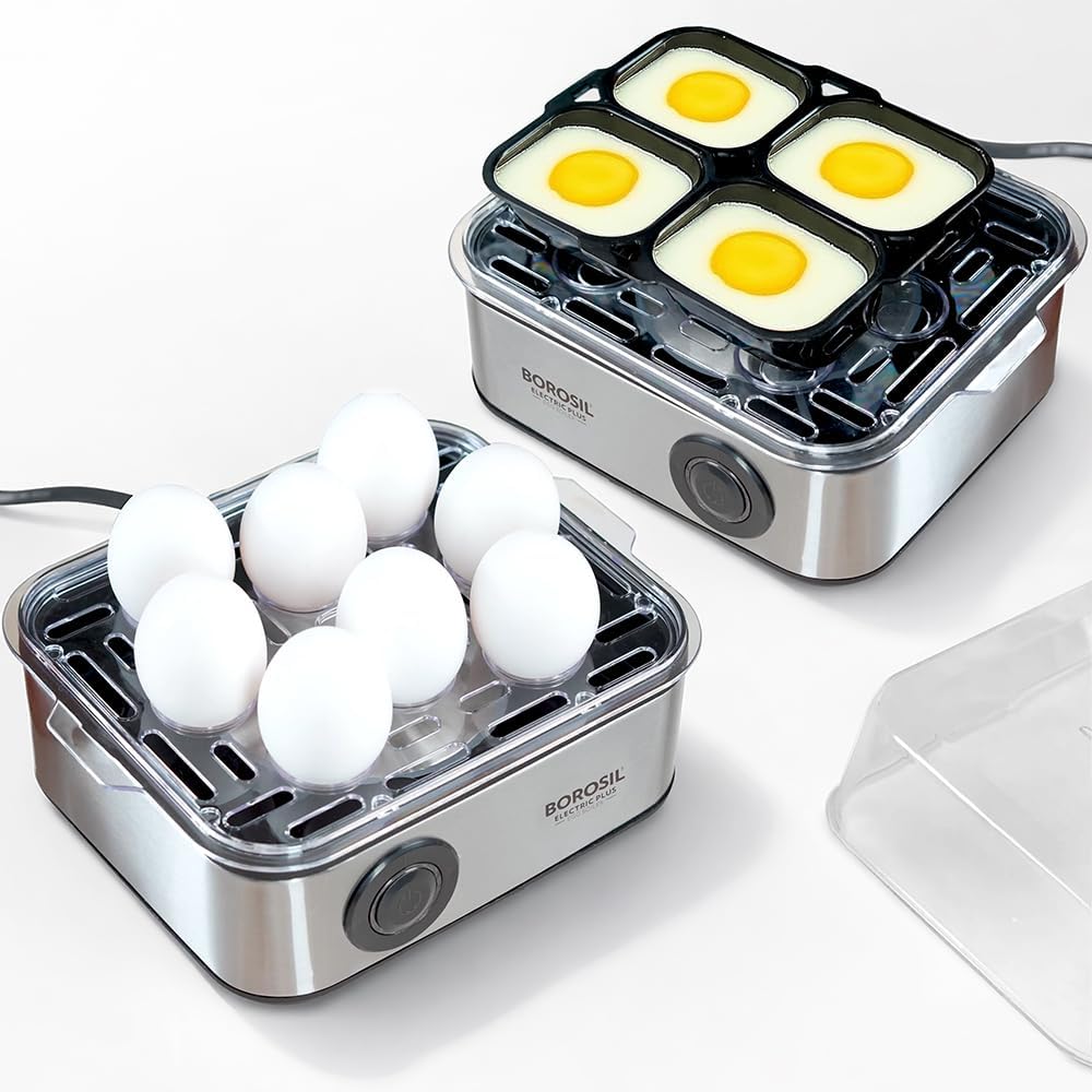 Borosil Electric Egg Boiler, 8 Egg Capacity, For Hard, Soft, Medium Boiled Eggs, Steamed Vegetables, Transparent Lid, Stainless Steel Exterior
