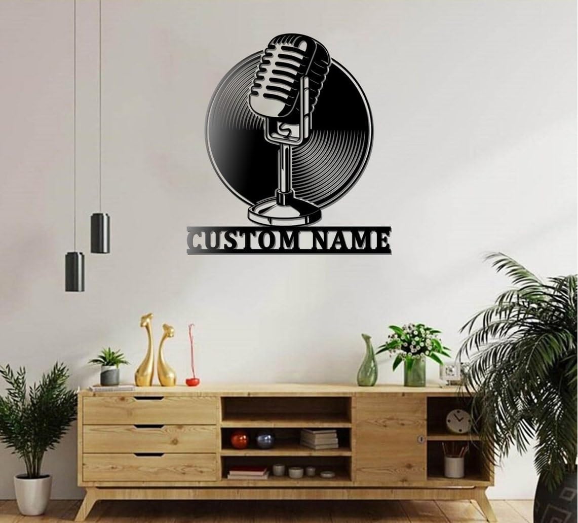 JACKLANE Metal Sign Custom Microphone V1 Metal Wall Art With Led Lights, Personalized Music Recording Studio Name Sign Decoration For Home Decor, Audio Studio