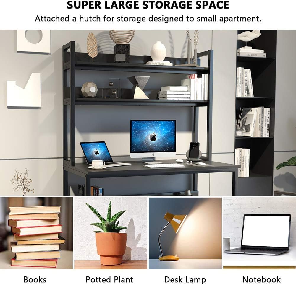 Computer Desk with Hutch and Bookshelf, 47 Inches Black Home Office Desk with Space Saving Design, Metal Legs Table Desk with Upper Storage Shelves for Study Writing/Workstation, Easy Assemble : Home & Kitchen