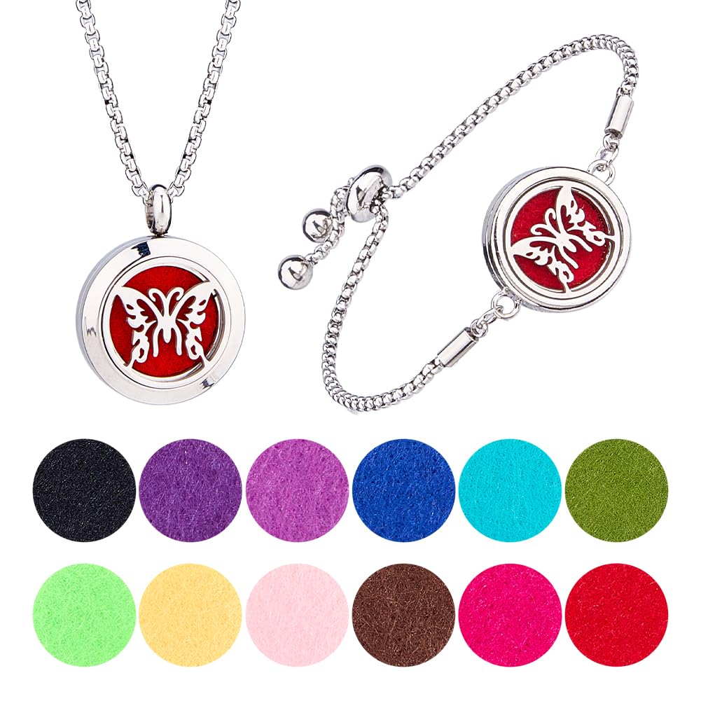 SUPERFINDINGS 2Styles - Collar difusor de aceites esenciales, pulsera de acero inoxidable, medallón de aromaterapia, juego de colgante redondo plano con 20 almohadillas de perfume intercambiables