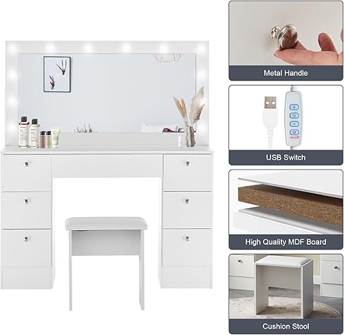 Miniatura 8 de CLIPOP Makeup Table with Chair, Vanity Desk with Large Lighted Mirror (3 Colors Mode & Adjustable Brightness), 7 Drawers, Cushioned Stool  Bedroom
