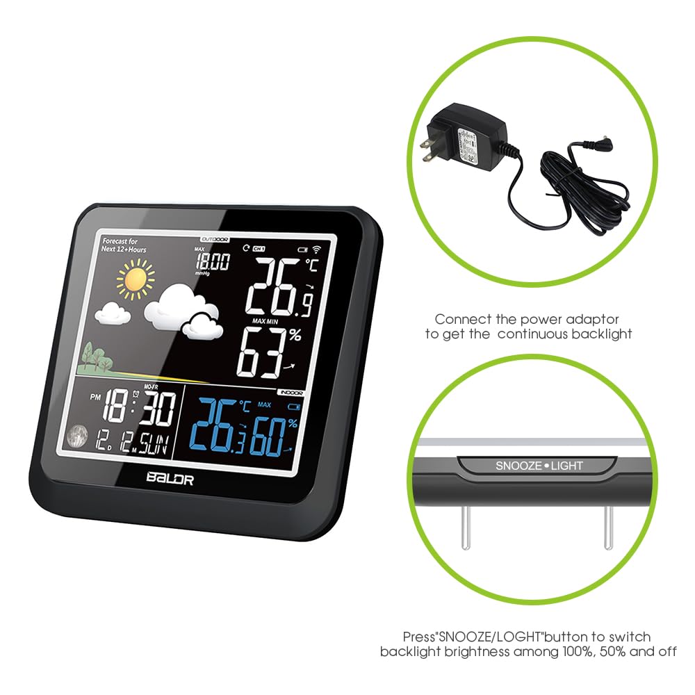 BALDR Funk-Wetterstation with Außensensor - 3 Kanäle - Digitales Thermometer Hygrometer für Innen und Außen -Feuchtigkeit Wettervorhersage - Datum, Uhrzeit - Mondphasen