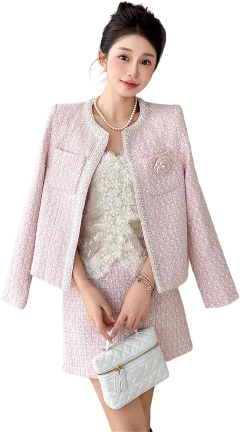 Women Tweed Two Piece Set Jacket Short Skirt Matching Outfit
