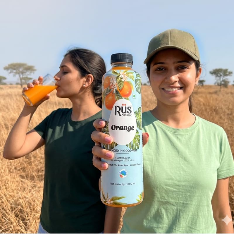 Image of Rus Organic Orange Juice | Cold-Pressed & Natural | Pack of 2 (1000ml Each) | No Added Sugar or Preservatives | Immunity Support | Rich in Antioxidants | Refreshing Drink | Travel Juice | Real Oranges