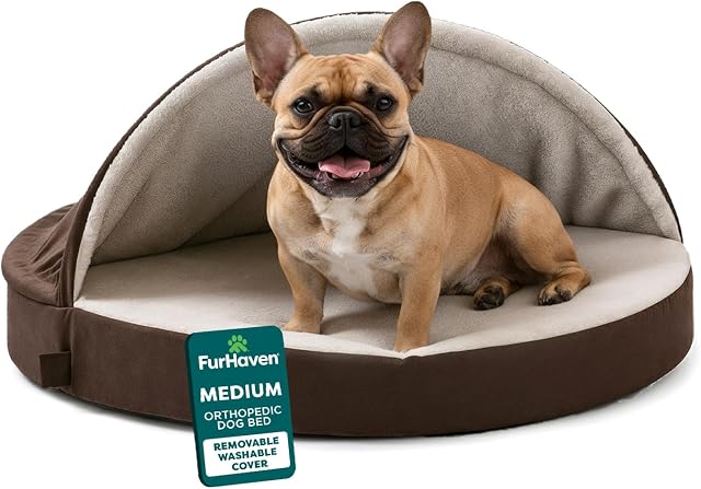 Furhaven Pet Lit de chien - Coudre rond orthopédique Nid Faux Sheepskin Snuggery Blanket Burrow Pet Bed w/Cover amovible pour chiens & Chats, Espresso, 26-Inch, Sherpa Espresso, 26" Base (95308031)