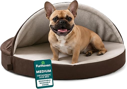 FurHaven Round Orthopedic Dog Bed for Medium Dogs, Egg Crate with a Solid Orthopedic Foam Base with Attached Blanket Hood and