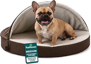 FurHaven Round Orthopedic Dog Bed for Medium Dogs, Egg Crate with a Solid Orthopedic Foam Base with Attached Blanket Hood and Removable Washable Cover, Medium, Sherpa & Suede Snuggery, Espresso