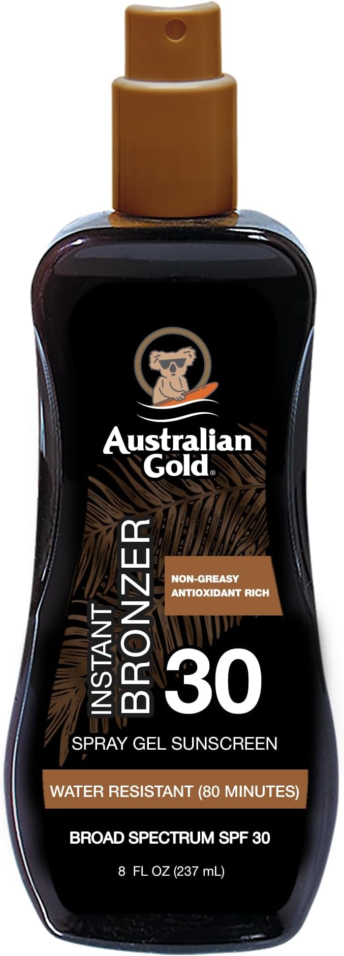 Australian Gold Spray Gel Sunscreen with Instant Bronzer SPF 30, 8 oz | Moisturize & Hydrate Skin | Broad Spectrum | Water Resistant | Non-Greasy | Oxybenzone Free | Cruelty Free