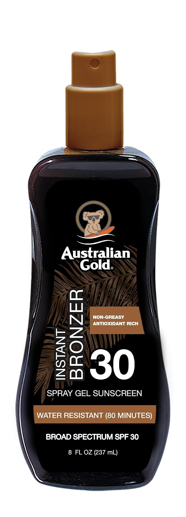 Australian Gold Spray Gel Sunscreen with Instant Bronzer SPF 30 8 Ounce Moisturize Hydrate Skin Broad Spectrum Water