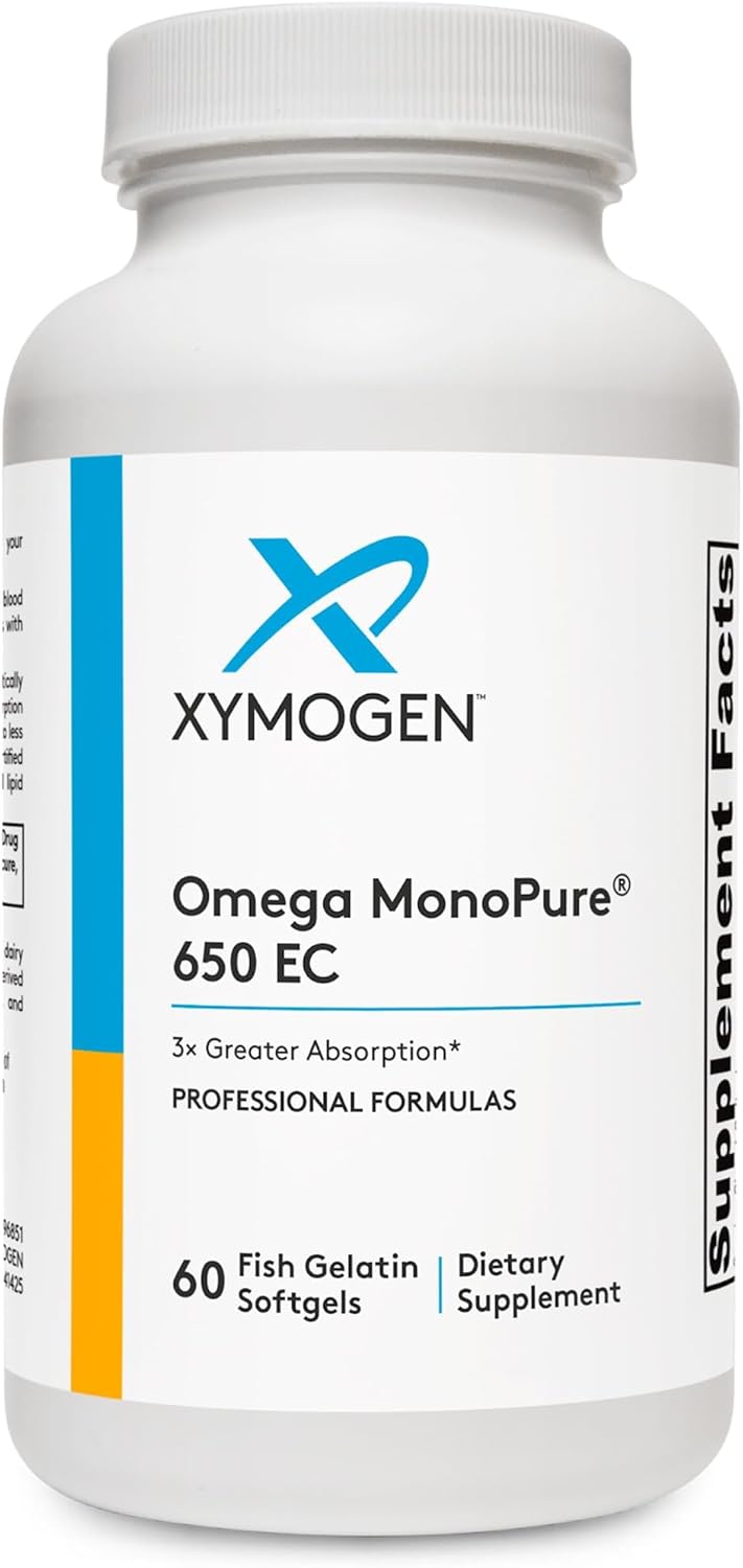 XYMOGEN Omega MonoPure 650 EC - Heart & Brain Support - DHA & EPA Omega-3 Fish Oil - Monoglyceride High Absorption Softgels - Enteric Coated - 60 Softgels